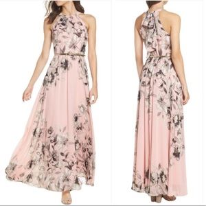Nwot Eliza J Belted Chiffon Maxi Dress Pink Gray Floral Halter